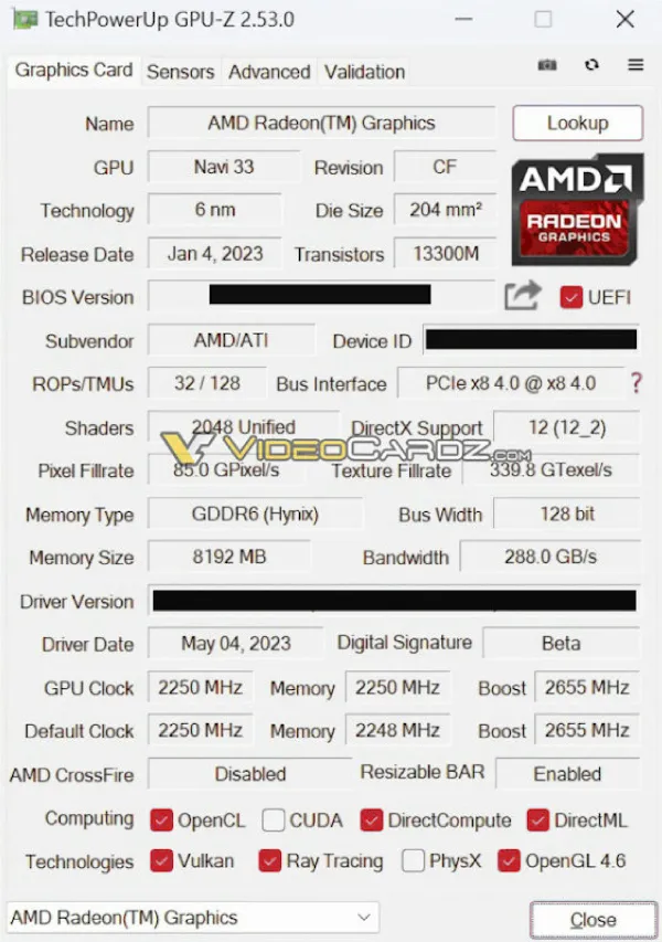 Thong So Card Do Hoa AMD Radeon RX 7600 8 GB Duoc Xac Nhan Trong GPU Z Leak GPU Navi 33 XL 6nm 2048 Loi Va VRAM 8GB 2