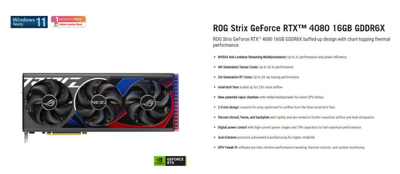 VGA Asus Rog Strix GeForce RTX 4080 Edition 16GB Chinh Hang GDDR6XHDMIDP