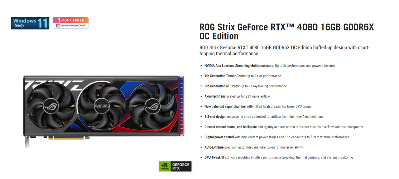 VGA Asus Rog Strix GeForce RTX 4080 OC Edition 16GB Chinh Hang GDDR6XHDMIDP